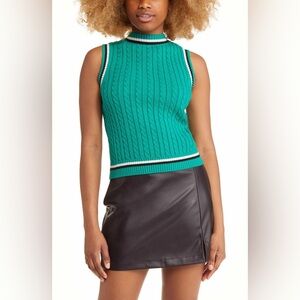 BP Nordstrom Green White Black Stripe Cable Knit Sleeveless Sweater Vest Top